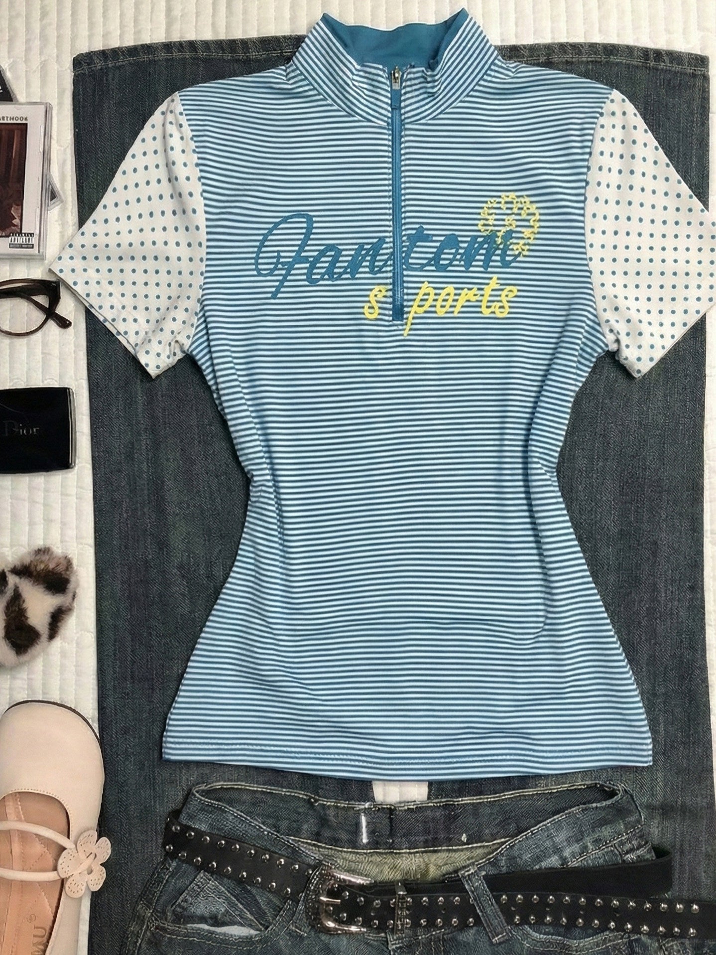 vintage polka dots blue striped shirt