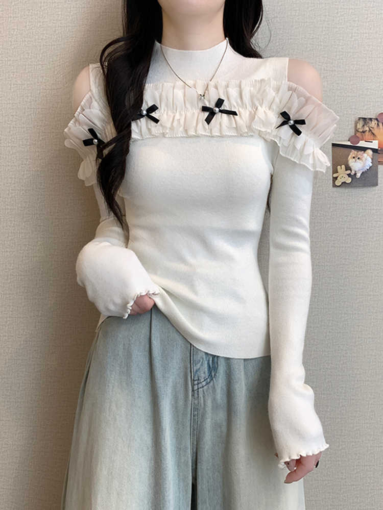 Off-shoulder Bow Ruffled Lace Long-sleeved Top
