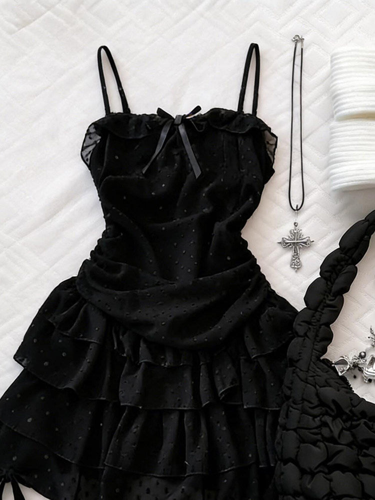 dark coquette bow mesh dress