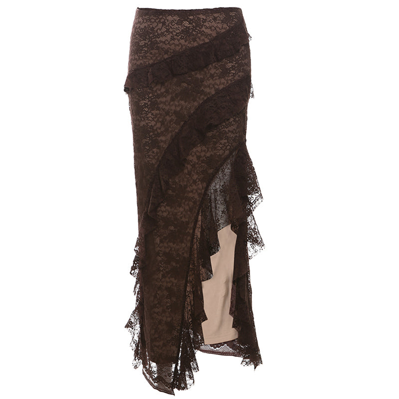 Fairy Grunge Brown Lace Split Skirt
