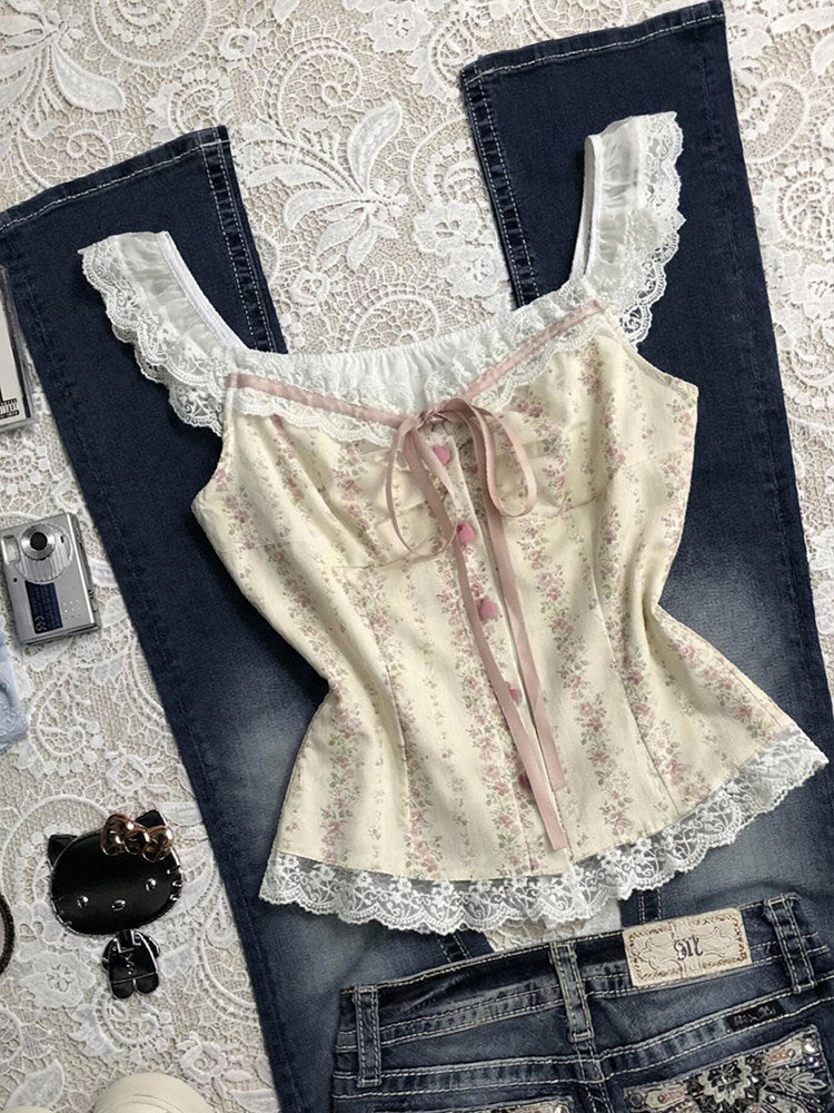 lace floral retro tank top