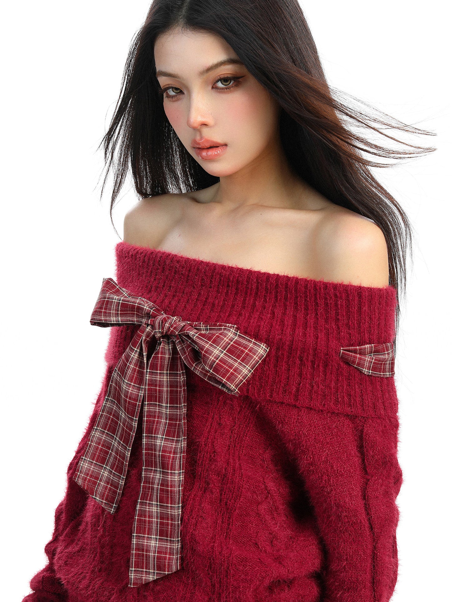 off-shoulder red sweater with bow