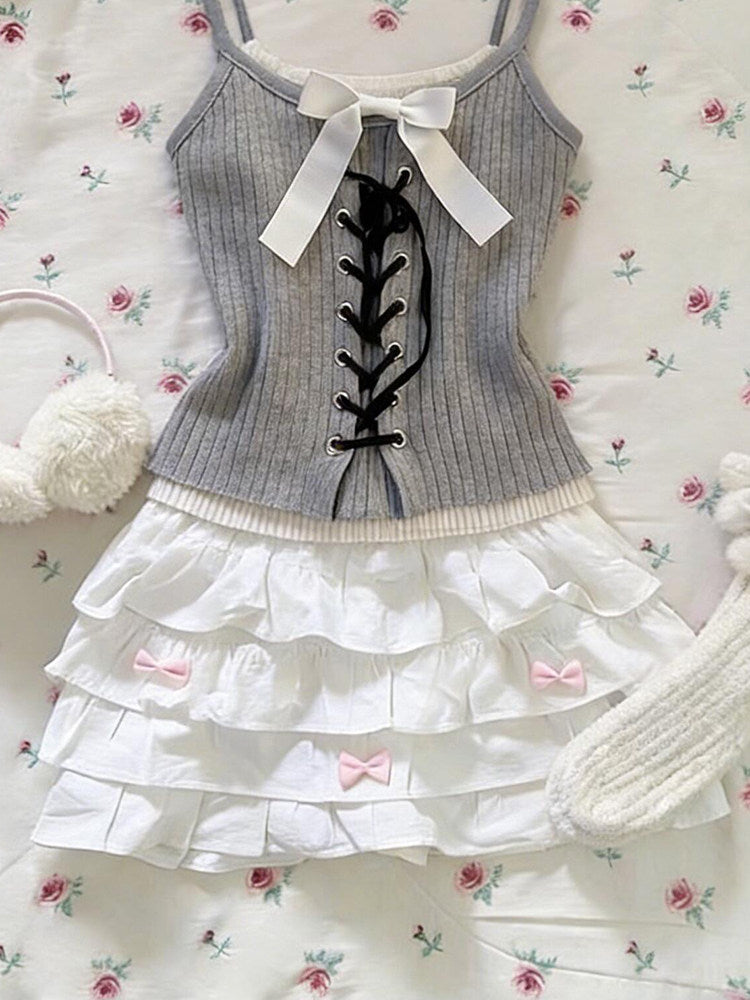 retro gray white bow tank top