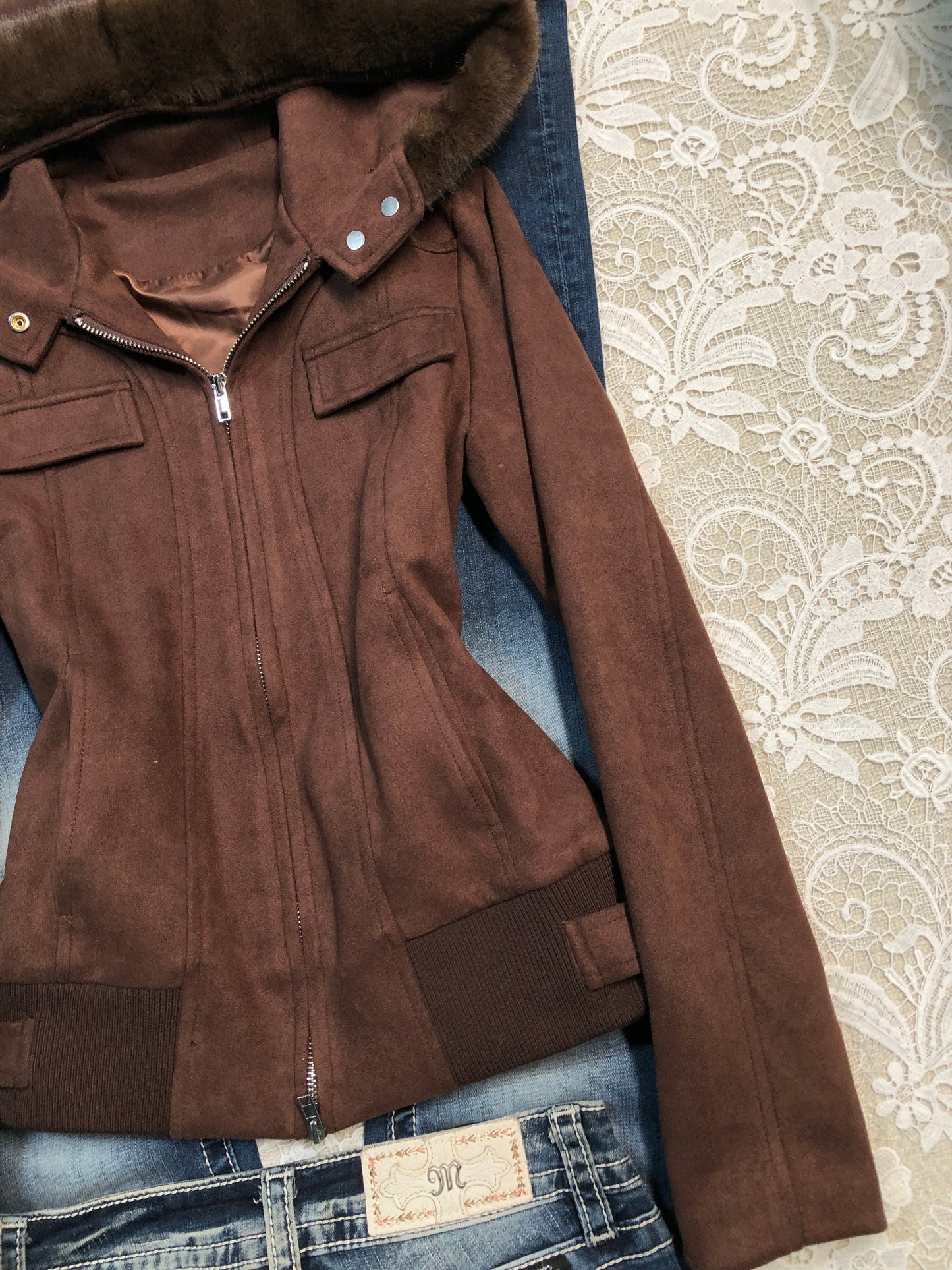 Maillard fur collar hooded short coat