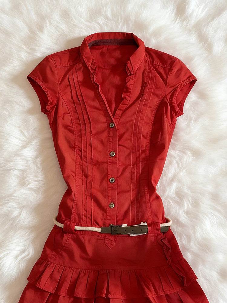 red sleeveless shirt dress