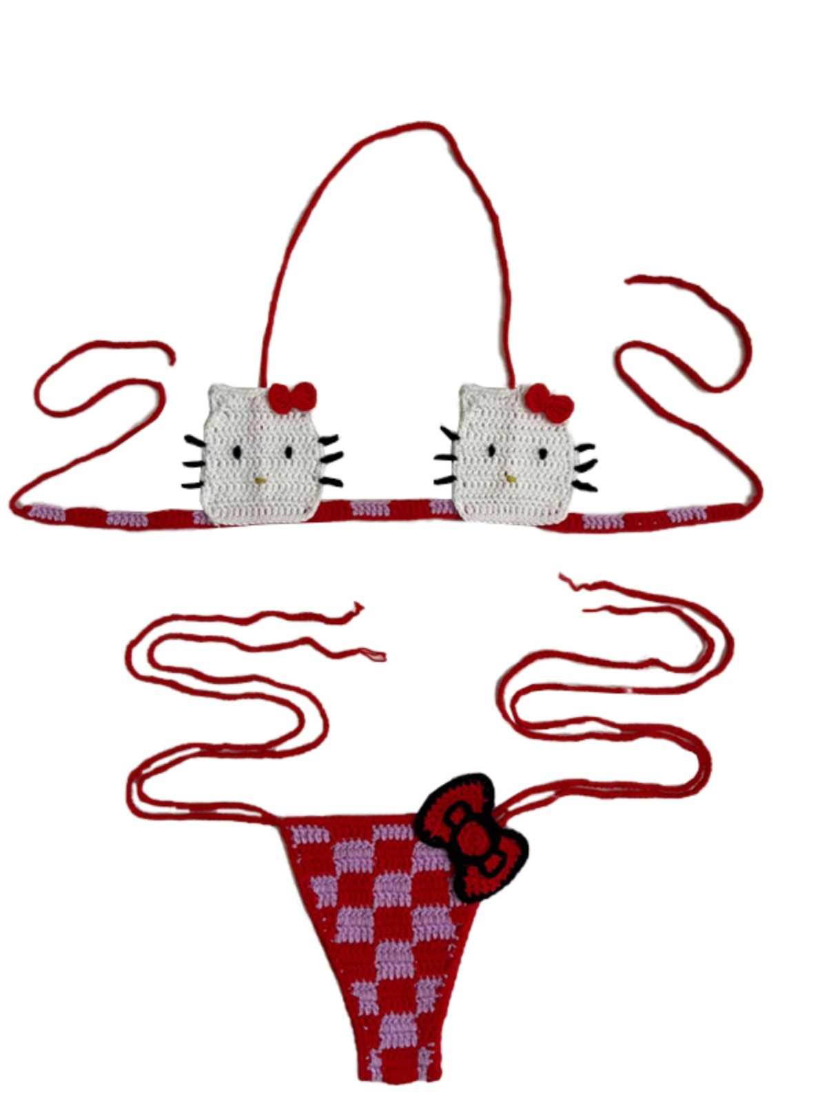 Y2K Hand-knitted Kitty Bikini Set