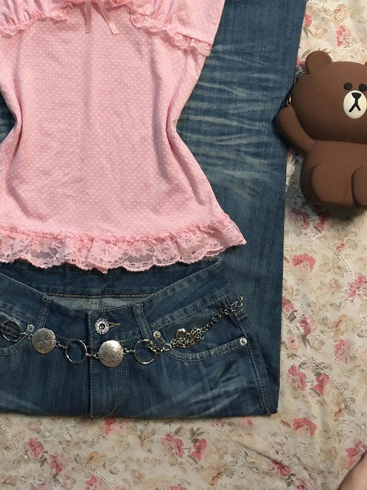 pink lace straps tank top