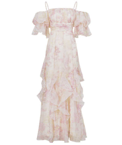 Off-shoulder Mesh Floral Puff-sleeved Dress