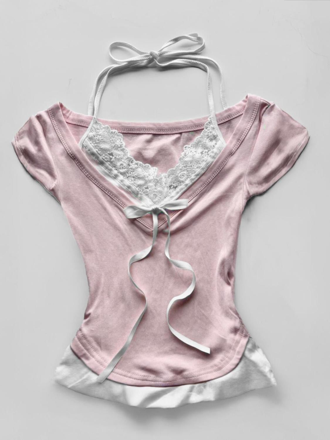 Vintage Fake Two-Piece Lace Cropped T-Shirt