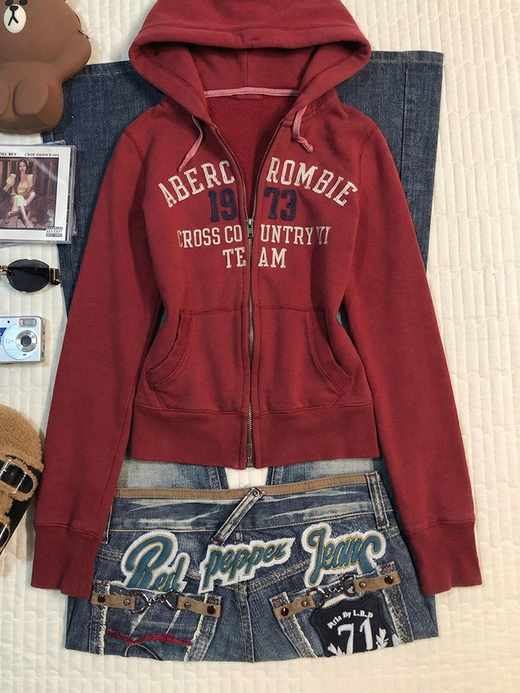 red retro style letter print hooded jacket