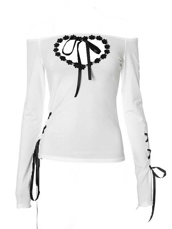Off-shoulder Heart Hollow Bow Tie Long-sleeved Top