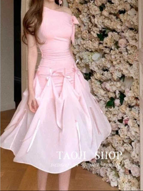 Bow Straps Waist-cinching Splicing Dress
