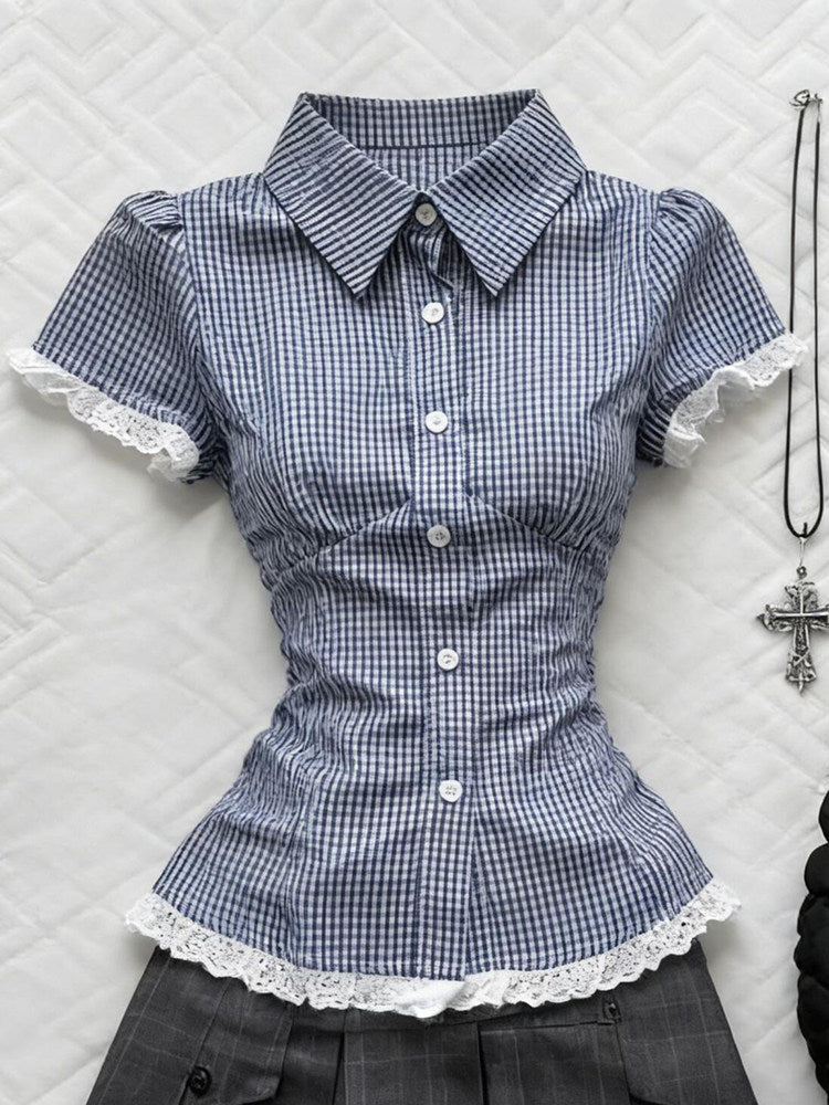 retro plaid lace trim shirt