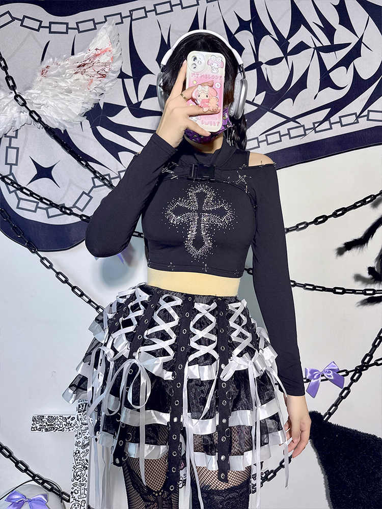 Punk Ribbon Lace Stitching Cake Skirt