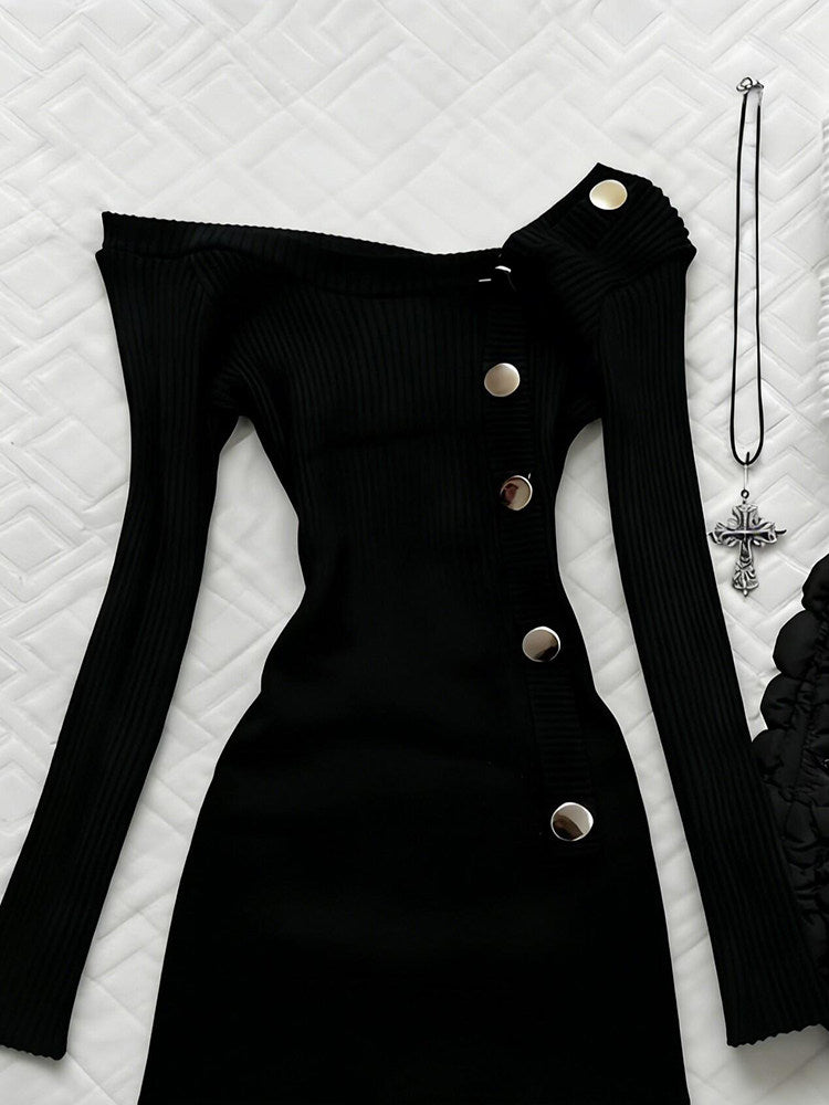 retro off-shoulder knitted dress