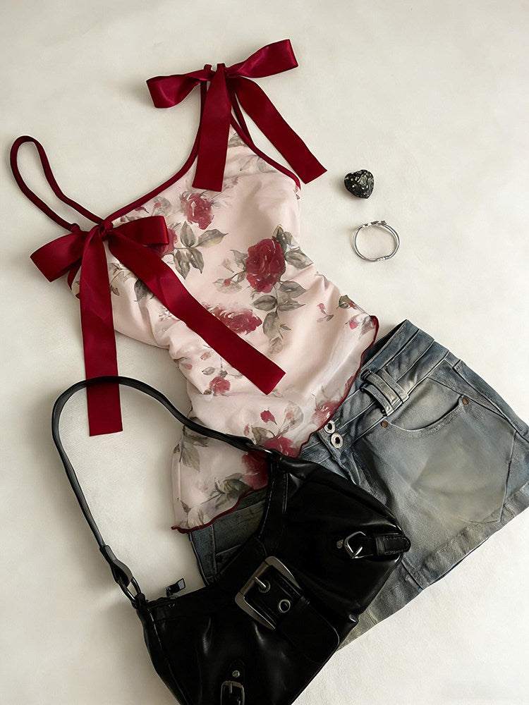 red retro roses straps tank top
