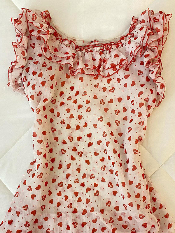 mesh hearts ruffled tank top
