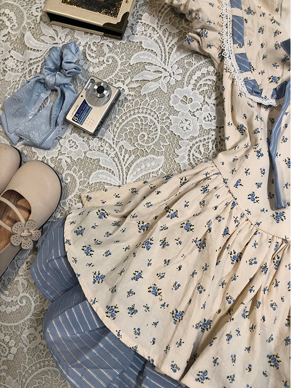 blue bow floral puff sleeve dress