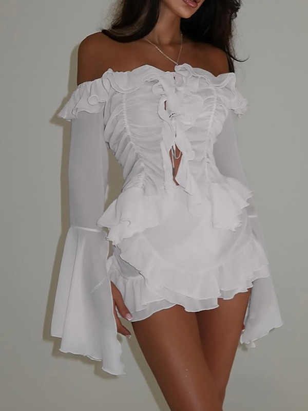 Off-shoulder Mesh Ruffled Coord
