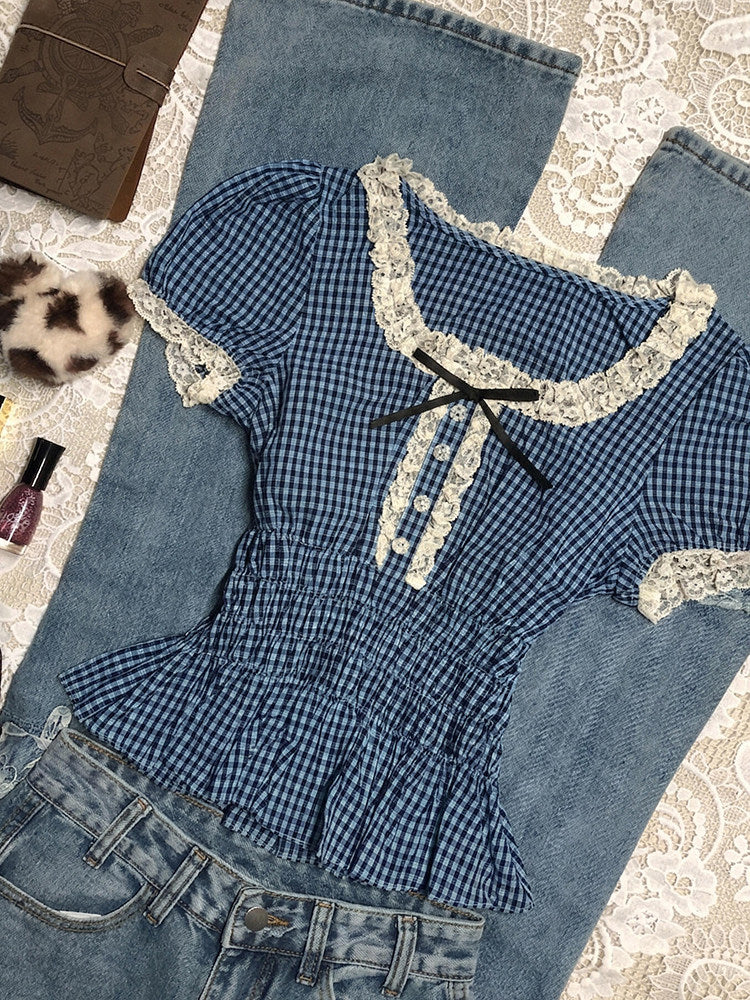 blue plaid puff-sleeved shirt