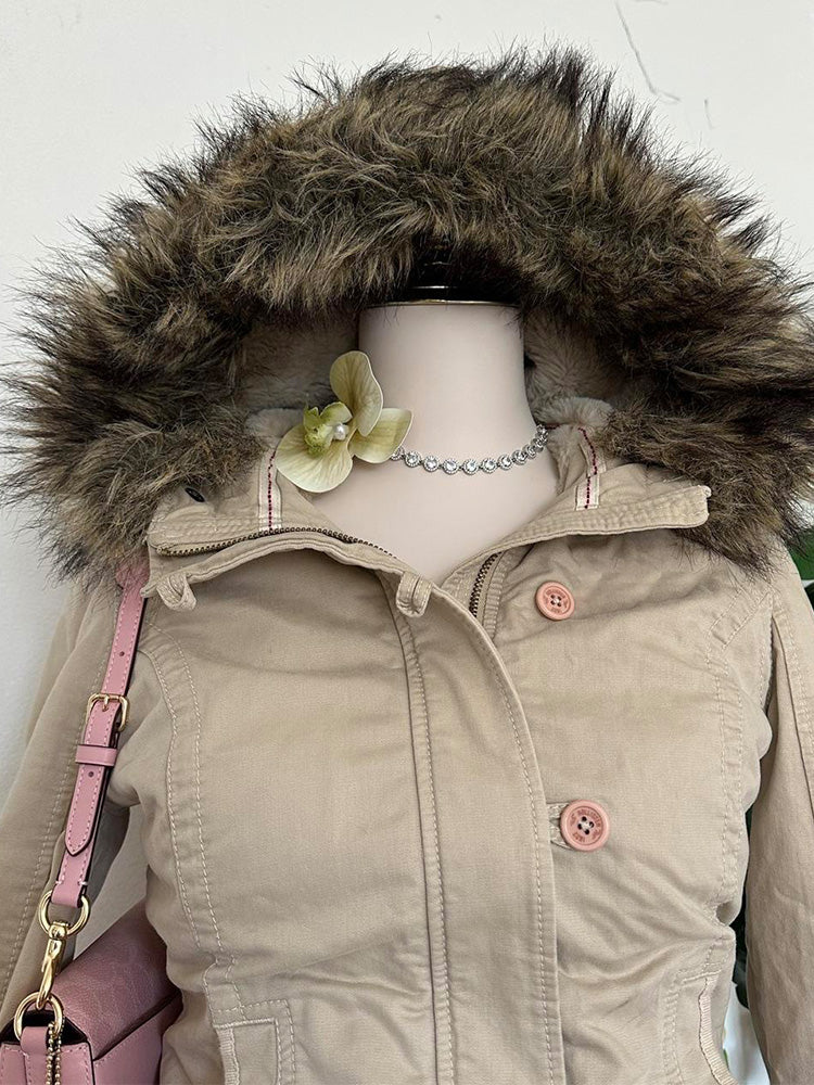retro beige fur hooded jacket