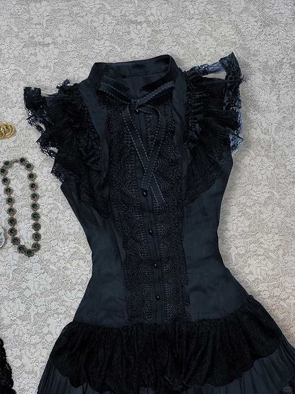 Black Lace Patchwork Shirt Dress