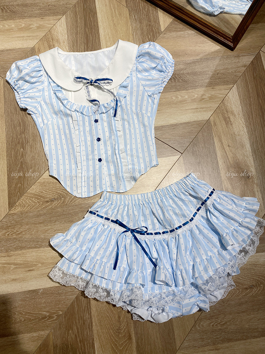 Retro Striped Bow Top Cake Skirt Suit