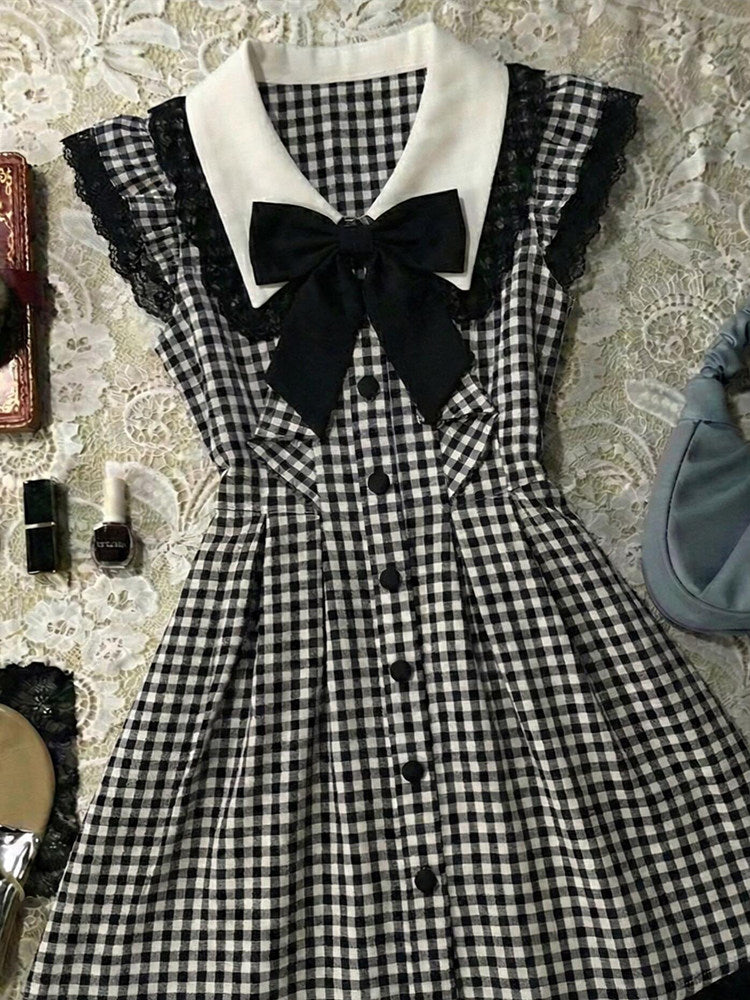 dark coquette plaid bow dress