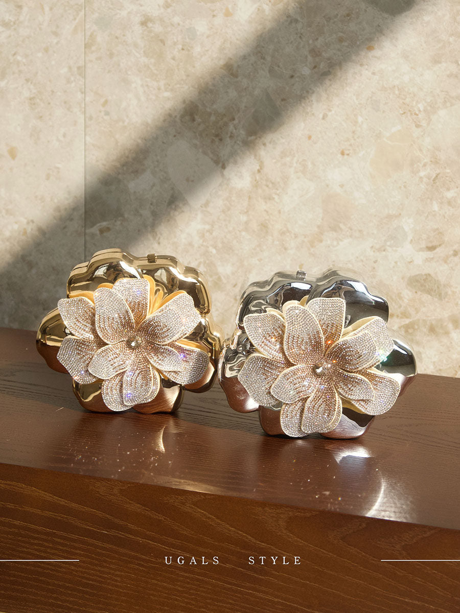 French-style Gold Rhinestone Flower Crossbody Bag