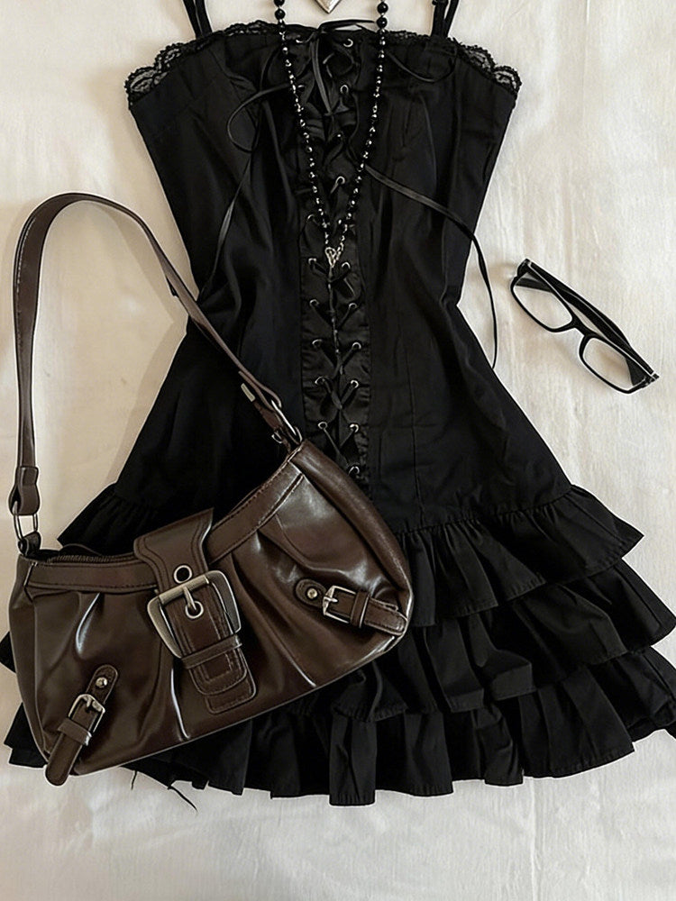 ruffled trim corset suspender dress