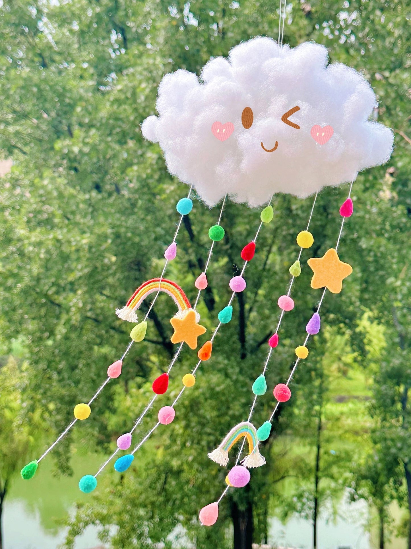 diy cloud rainbow fur ball wind chime pendant
