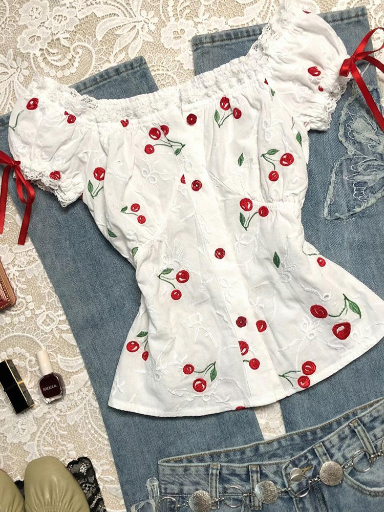 cherries puff-sleeved shirt