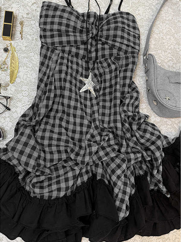 Retro Plaid Suspender Dress