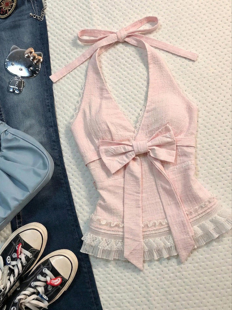 coquette lace bow halter top