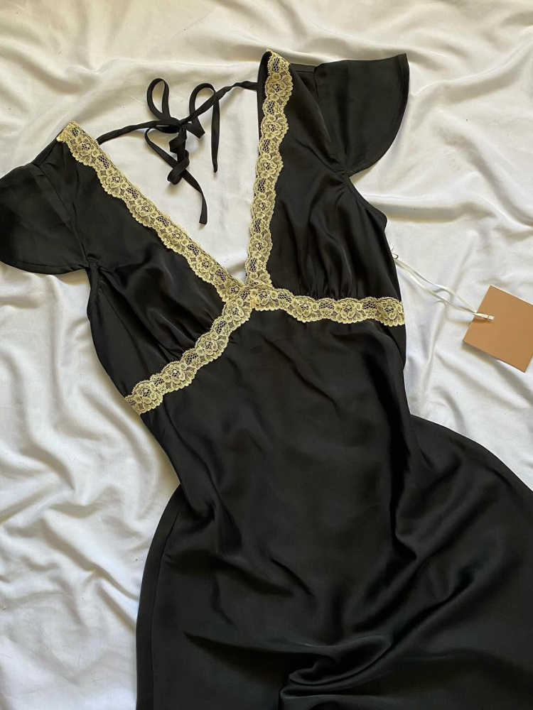 Vintage Lace Satin V-neck Dress