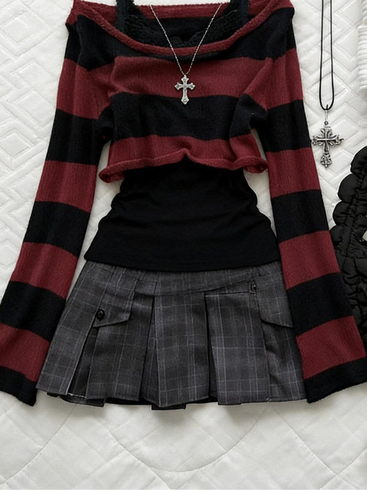 red plaid goth long-sleeved off-shoulder top