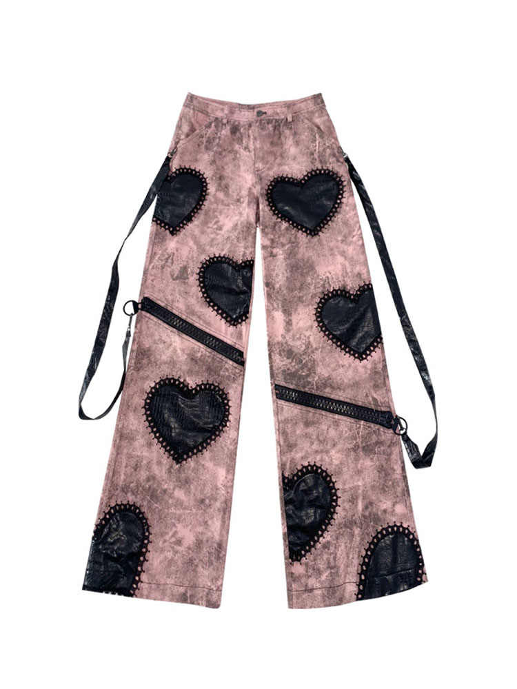 Black Pink Hearts Punk Jeans