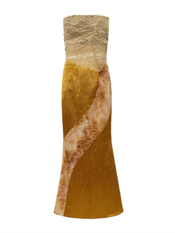 Lace Knitted Stretch Irregular Tube Top + Gold Spliced Skirt Set