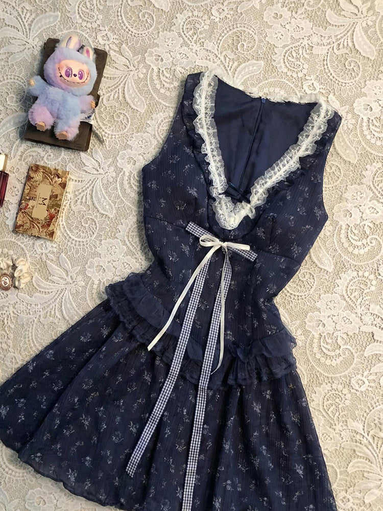 floral v-neck navy lace dress