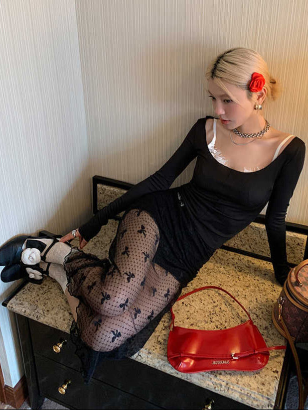 Bow Mesh Mid-length Skirt