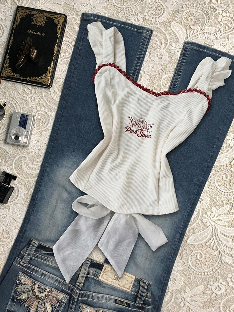 angel red lace white tank top