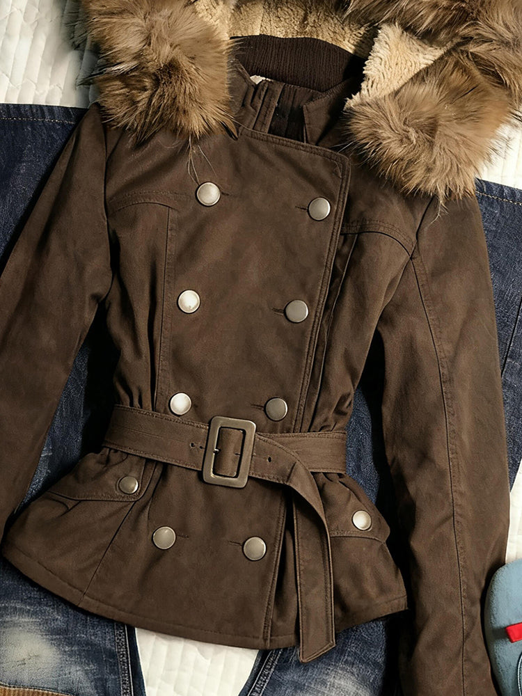 brown retro waist slimming fur collar hooded jacket