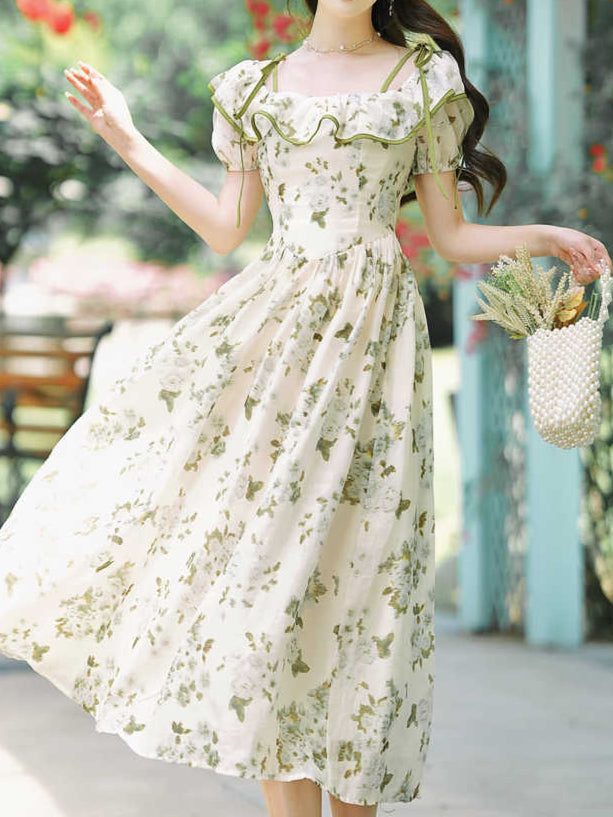 Tea Break Ruffled Shoulder Green Floral Dress