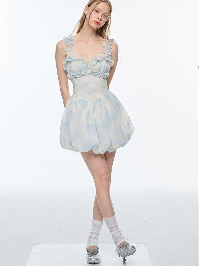 Flocked Ruffled Suspender Drawstring Dress