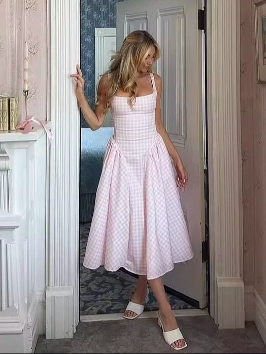French Pink Plaid Suspender Dress