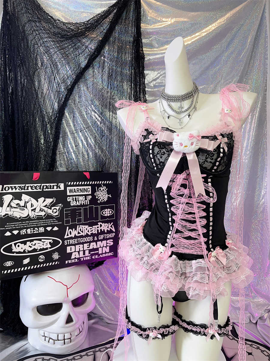 Y2K Black Pink Lace Bow Corset