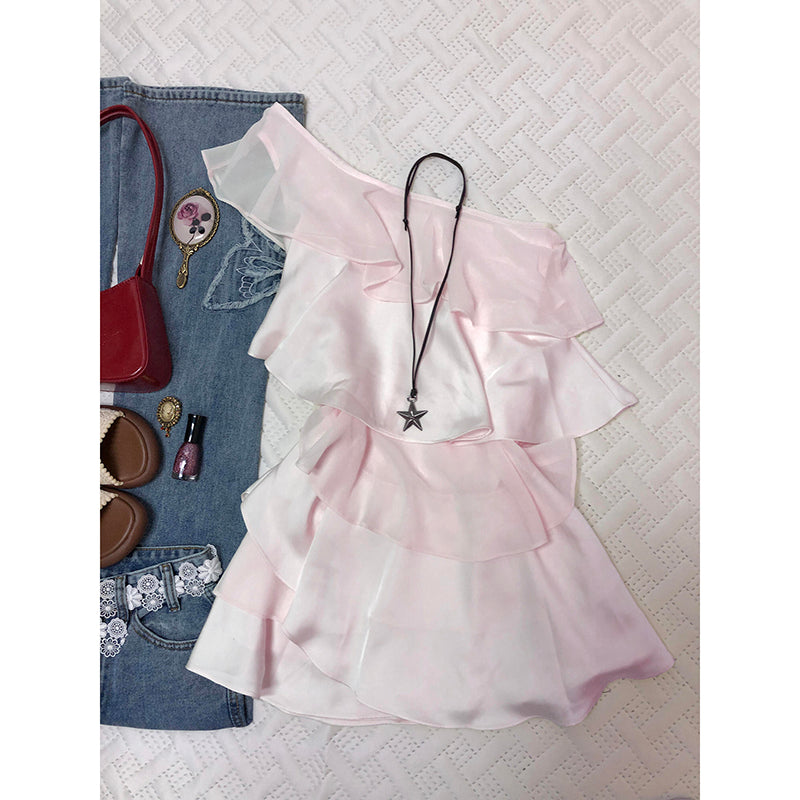 Pink Chiffon One-shoulder Mini Dress