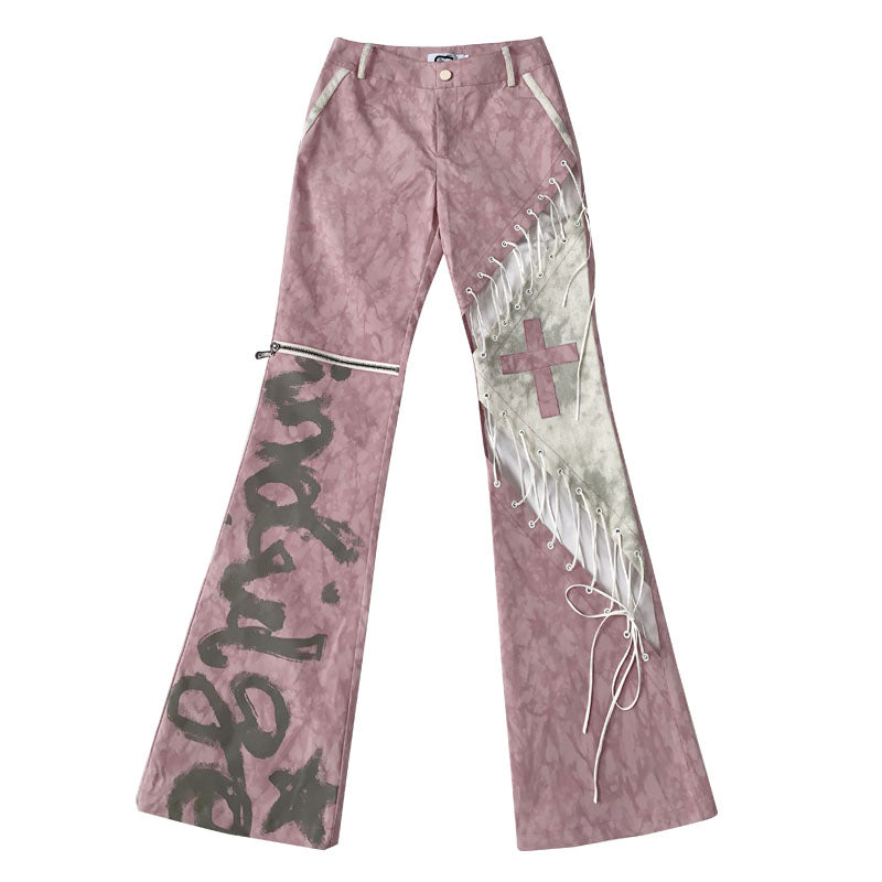 Straps Hollow Pink Stitching Pants