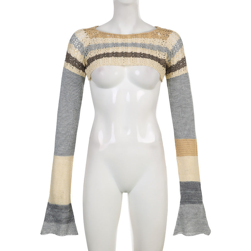 crochet street casual round neck striped long-sleeved top
