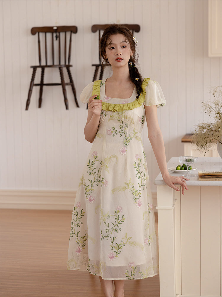 French Retro Floral Short-sleeved Dress